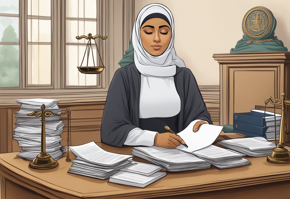 A Muslim woman in France, surrounded by legal documents and scales of justice, symbolizing her rights and the legal framework protecting them