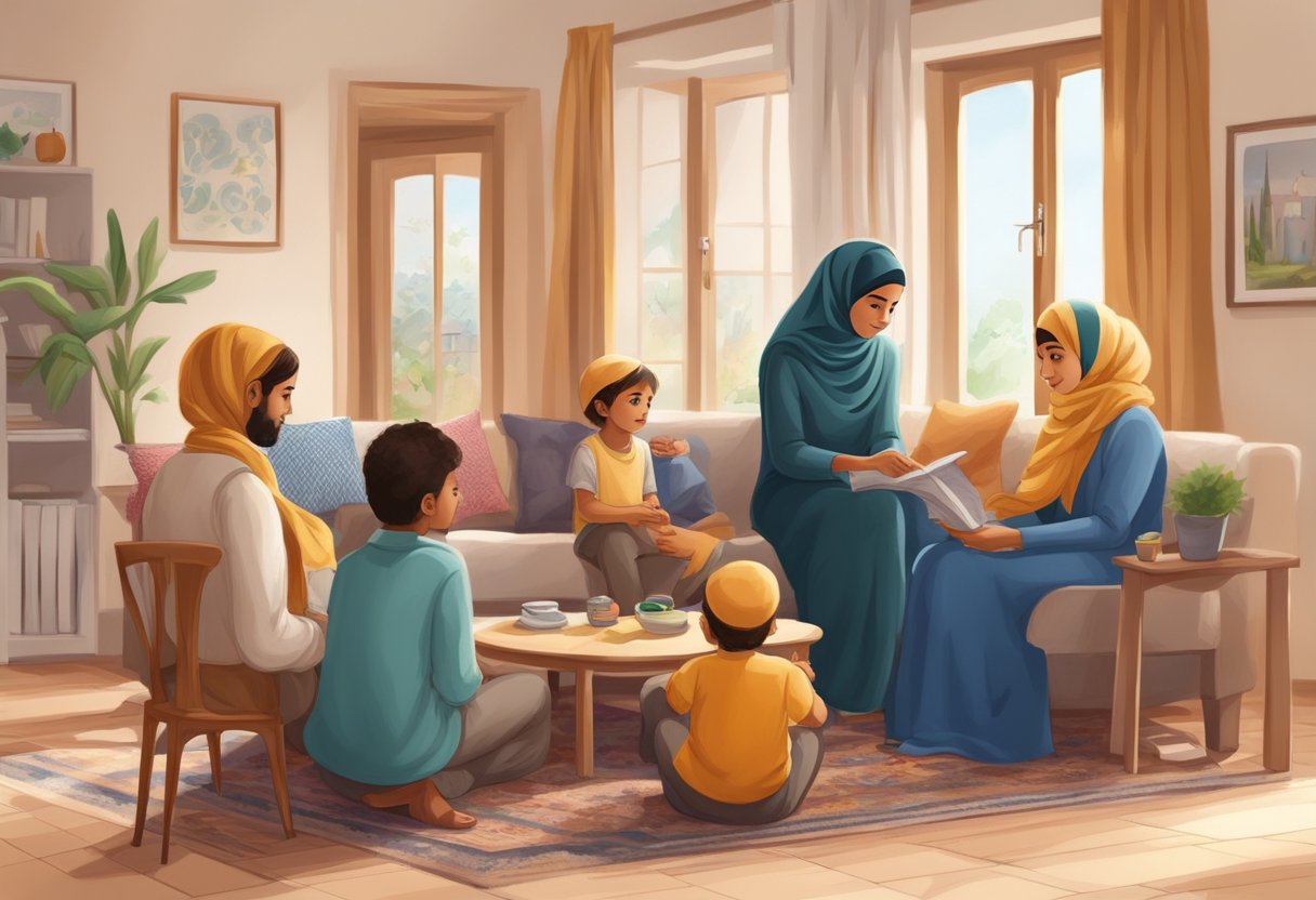 A Muslim woman in France enjoys family life and social rights, symbolized by a warm household scene with children, a supportive spouse, and a sense of equality and freedom