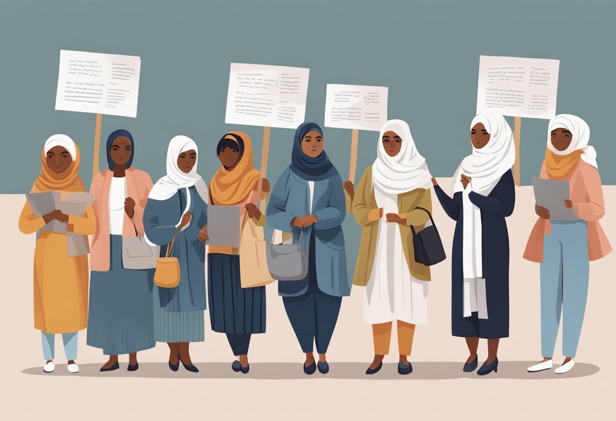 A group of diverse women standing together, holding signs with messages promoting the rights of Muslim women in France and advocating against discrimination