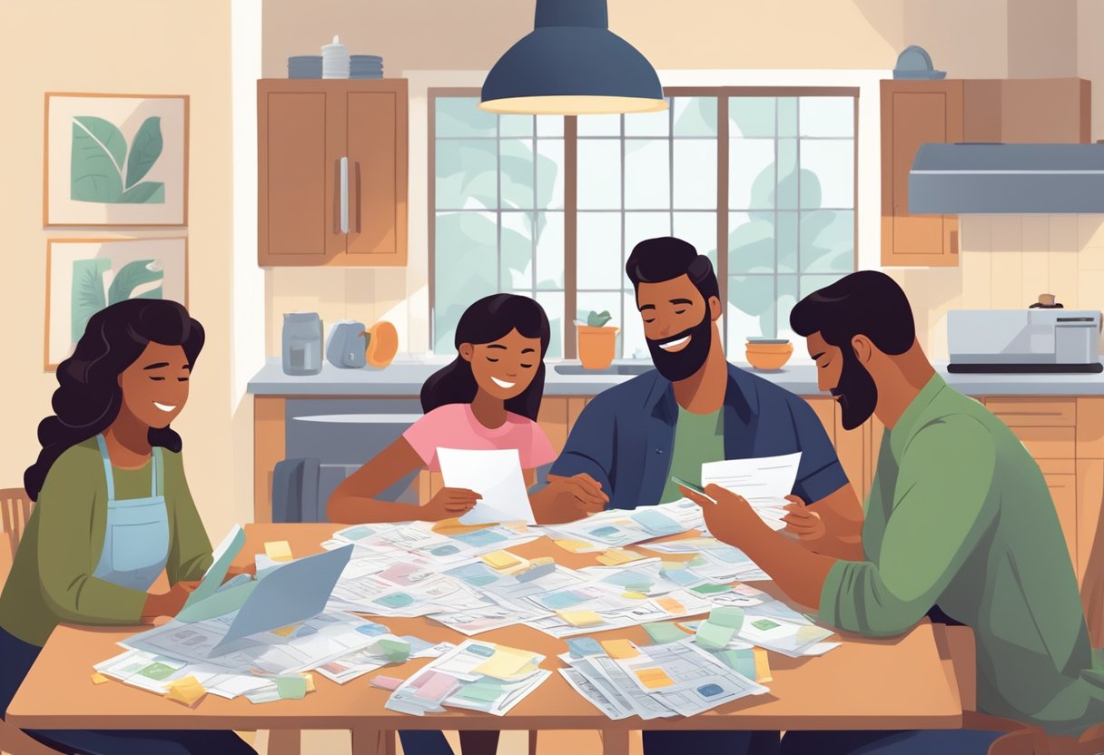 A family budgeting together at a kitchen table, with bills and receipts spread out. They are discussing ways to reduce expenses and cut costs