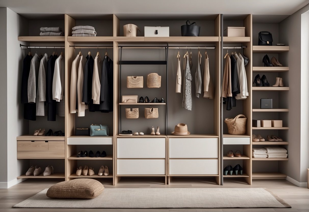 A simple, clean closet with neutral-colored clothing neatly organized on hangers and shelves. A few carefully selected accessories, like a pair of minimalist earrings or a sleek watch, add a touch of elegance to the scene