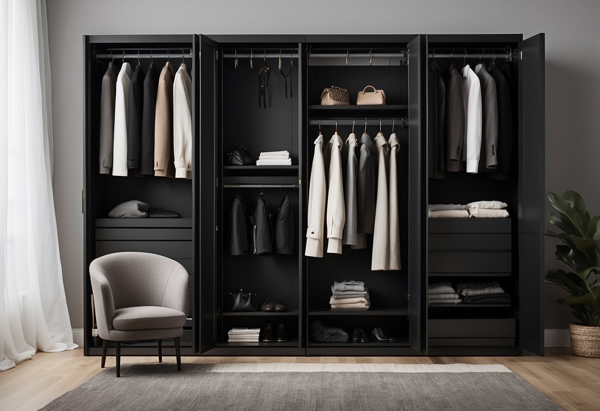 A sleek, monochromatic wardrobe with clean lines and simple silhouettes. A capsule collection of high-quality, versatile pieces. A minimalist color palette of black, white, and neutral tones