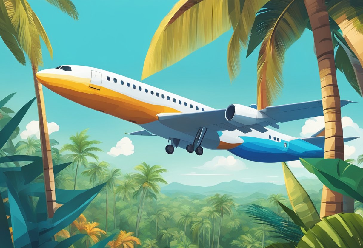 A vibrant plane flying over a tropical landscape with palm trees and a clear blue sky