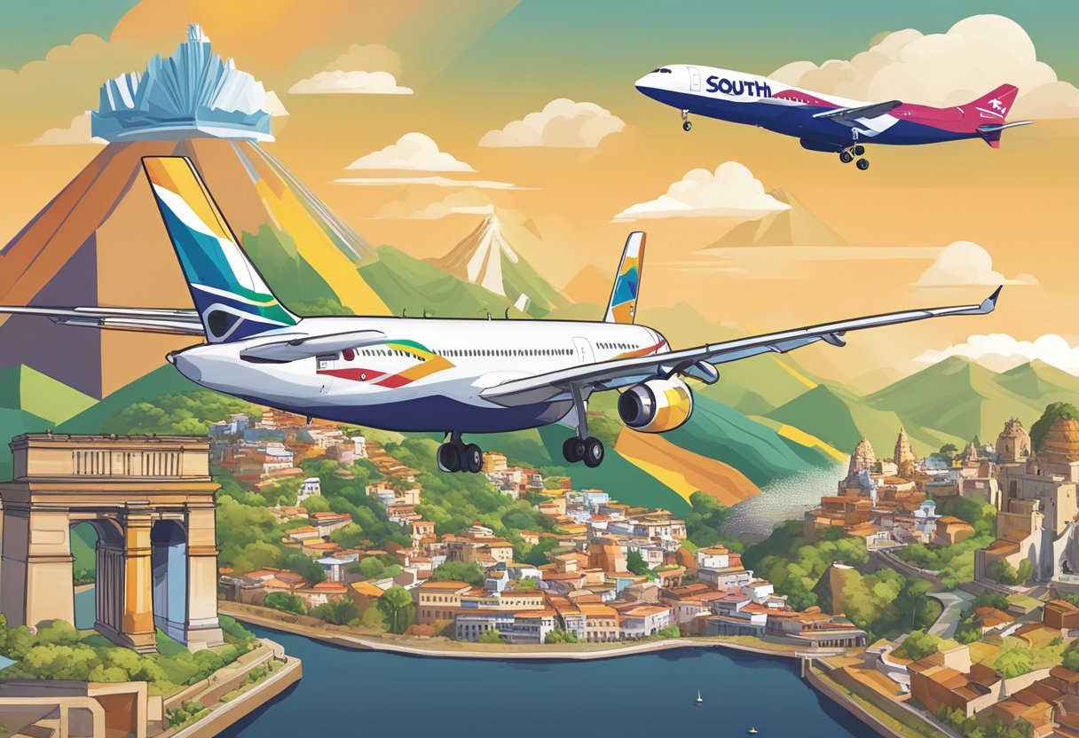 A plane flying over iconic South American landmarks, with the LATAM Pass logo prominently displayed