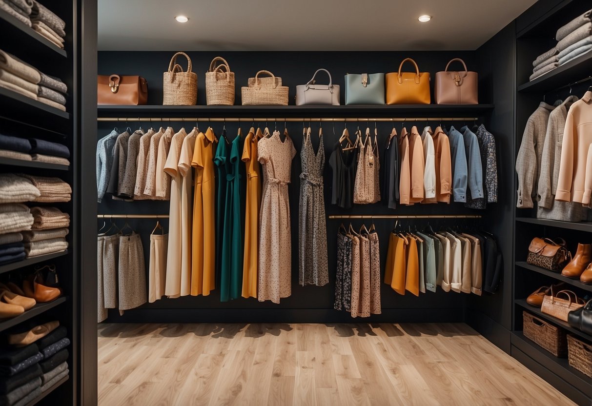 A closet with neatly organized high-waisted wide-leg trousers in various colors and patterns, paired with stylish tops and accessories for different age groups