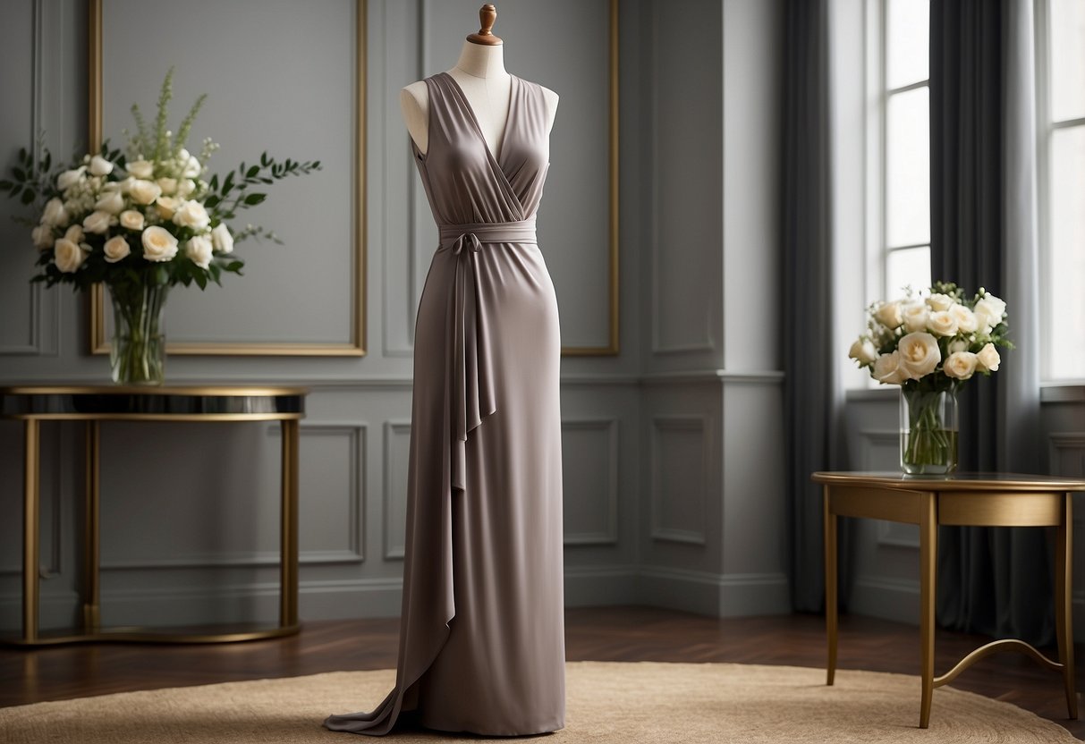 A mannequin stands tall in an elegant wrap dress, showcasing timeless fashion for women in their 30s, 40s, and beyond. The dress exudes sophistication and style, with its flattering silhouette and luxurious fabric