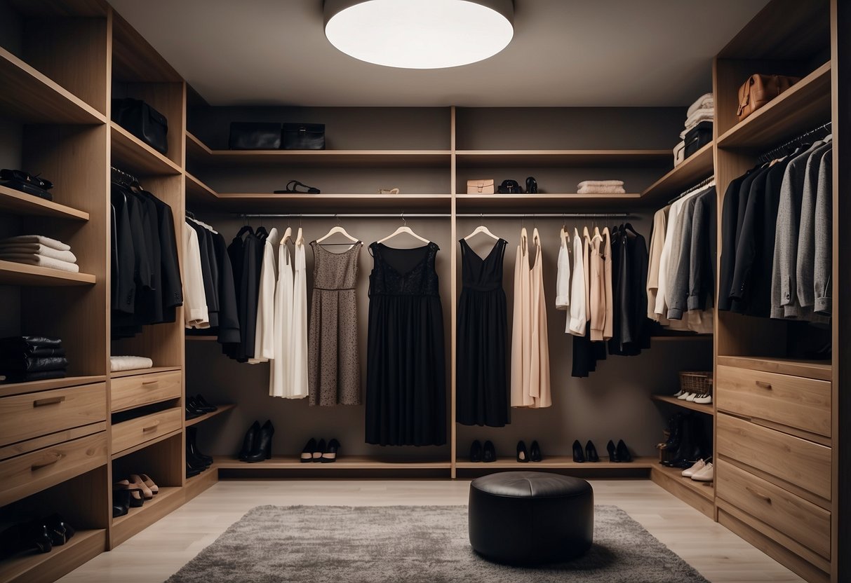 A minimalist closet with a little black dress as the focal point, surrounded by neatly organized and coordinating clothing items