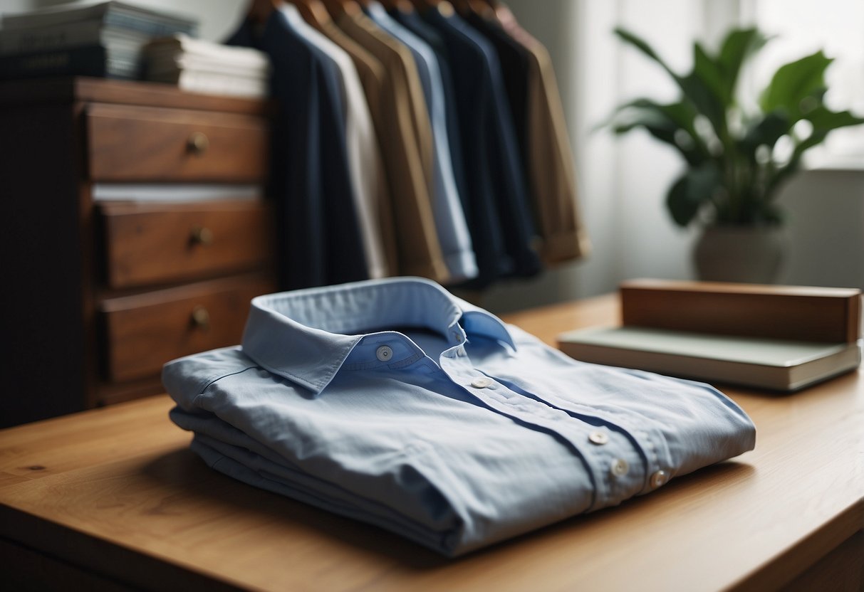 A white button-up shirt lays neatly folded on a wooden dresser, next to a copy of "The Ultimate Guide to Capsule Wardrobes."