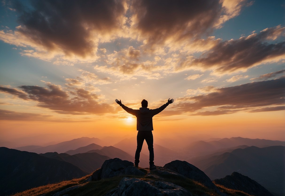 A person's silhouette stands on a mountaintop, surrounded by a vibrant sunrise. The person's arms are raised in triumph, symbolizing the mental health benefits of HIIT workouts