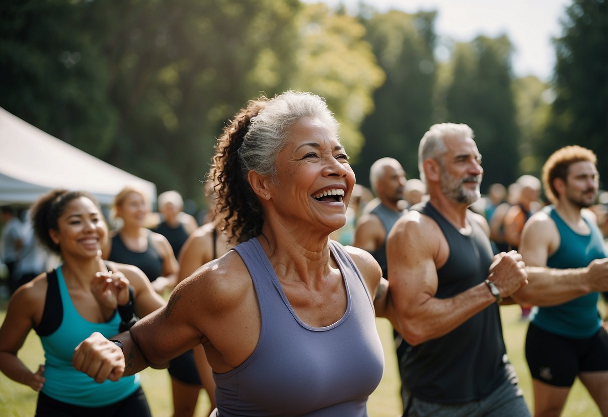 A diverse group of people of all ages and fitness levels engage in HIIT exercises outdoors, demonstrating the inclusivity and adaptability of this workout. The scene depicts a sense of community and empowerment through physical activity