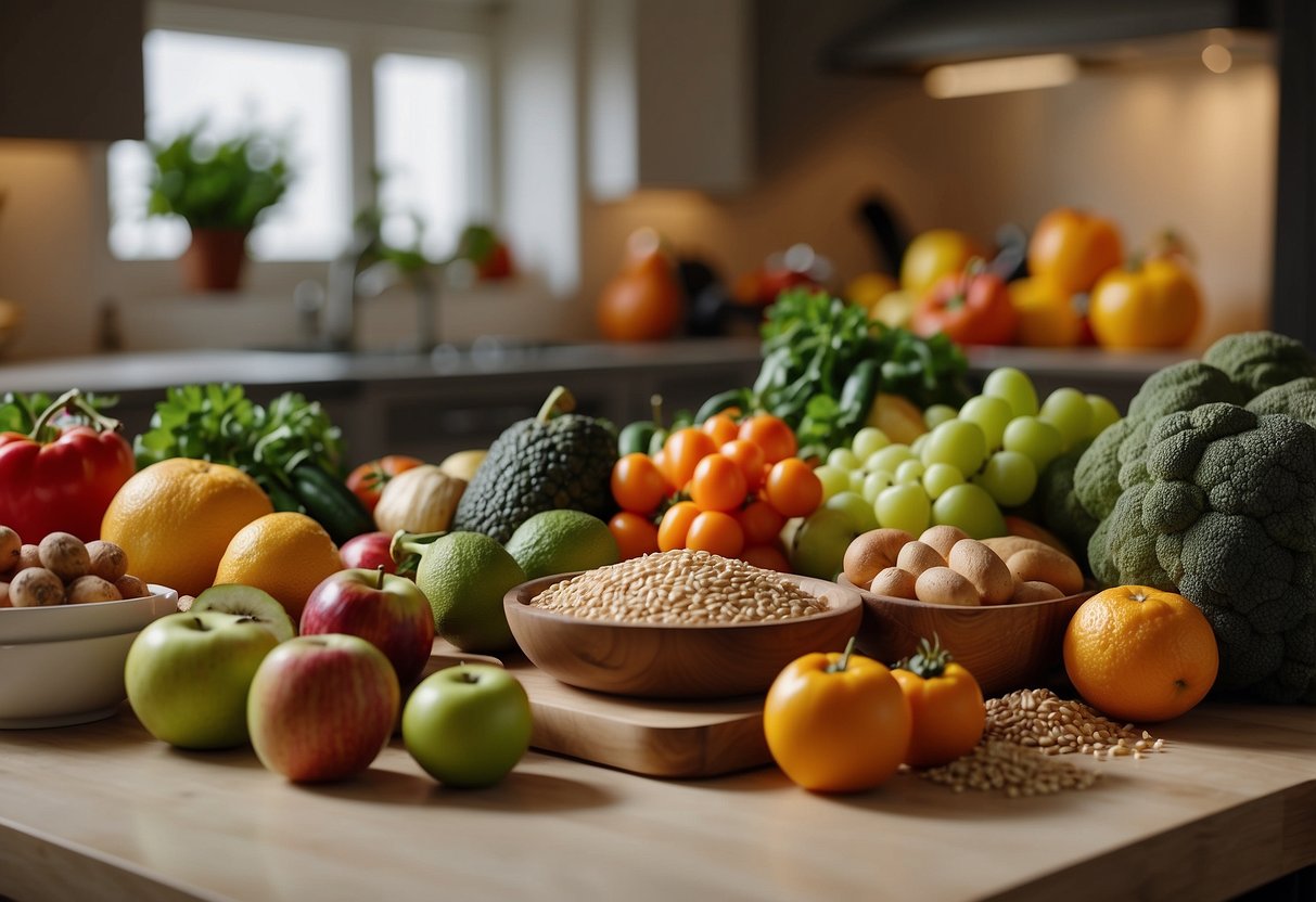 A kitchen counter with fresh fruits, vegetables, and grains. A cookbook open to a page of healthy recipes. A budget-friendly grocery list nearby