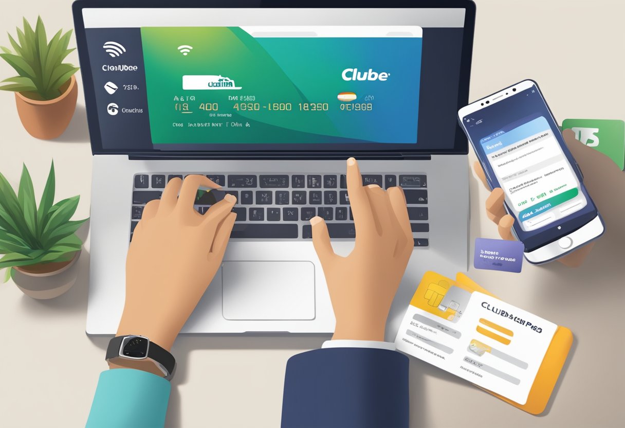 A person using a smartphone to sign up for the Clube Latam Pass, with a laptop and credit card nearby