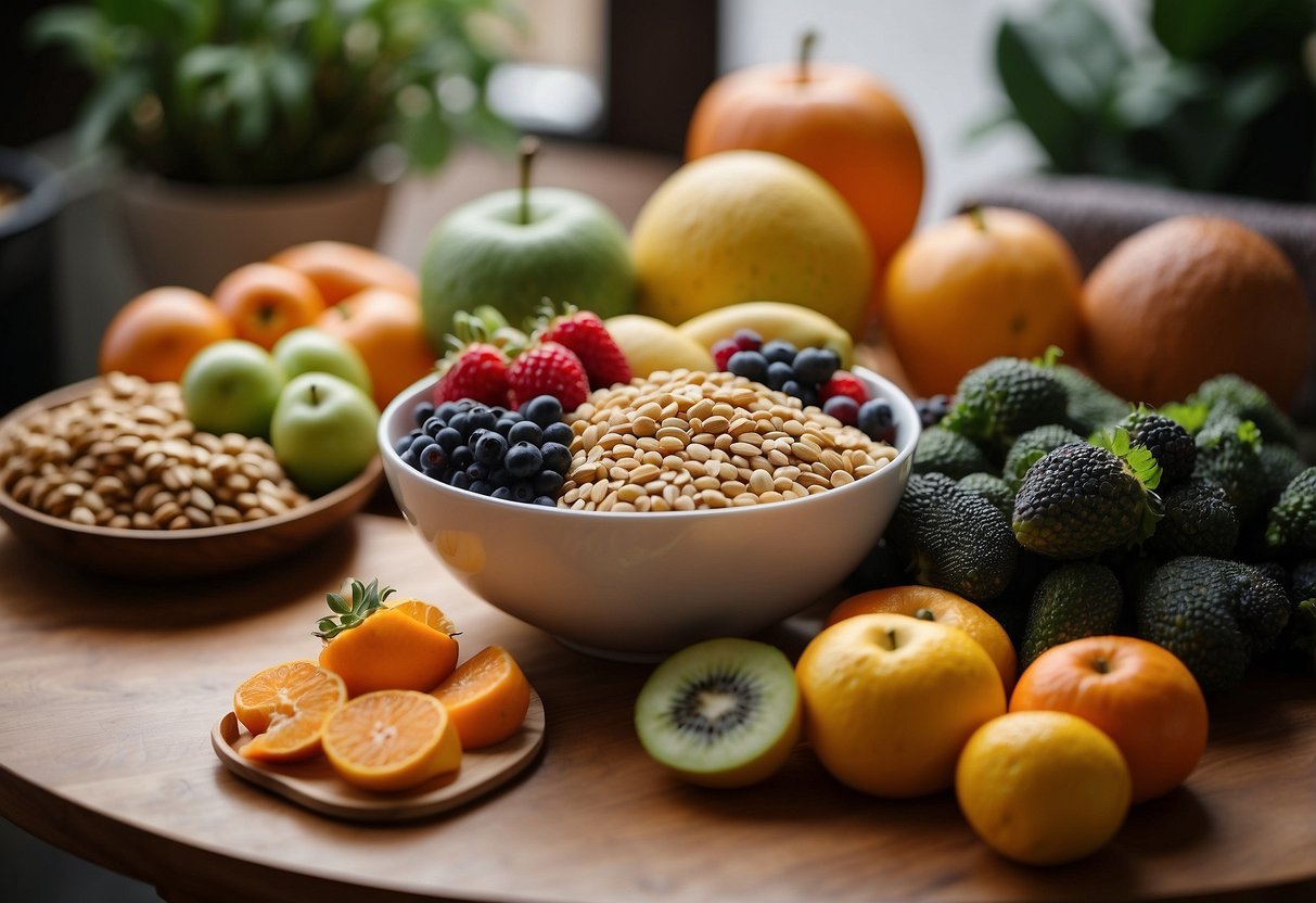 A colorful plate of fruits, vegetables, and whole grains sits next to a yoga mat and meditation cushion, symbolizing the connection between nutrition, mental health, and physical fitness