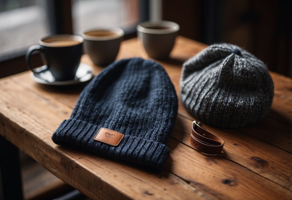 A man's beanie hat placed on a rustic wooden table, surrounded by other winter fashion essentials like gloves, scarves, and a stylish coat