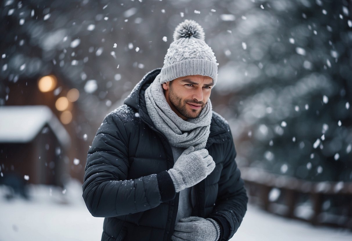 A man's torso wearing thermal underwear, surrounded by winter accessories like scarves, gloves, and a beanie. Snowflakes falling in the background