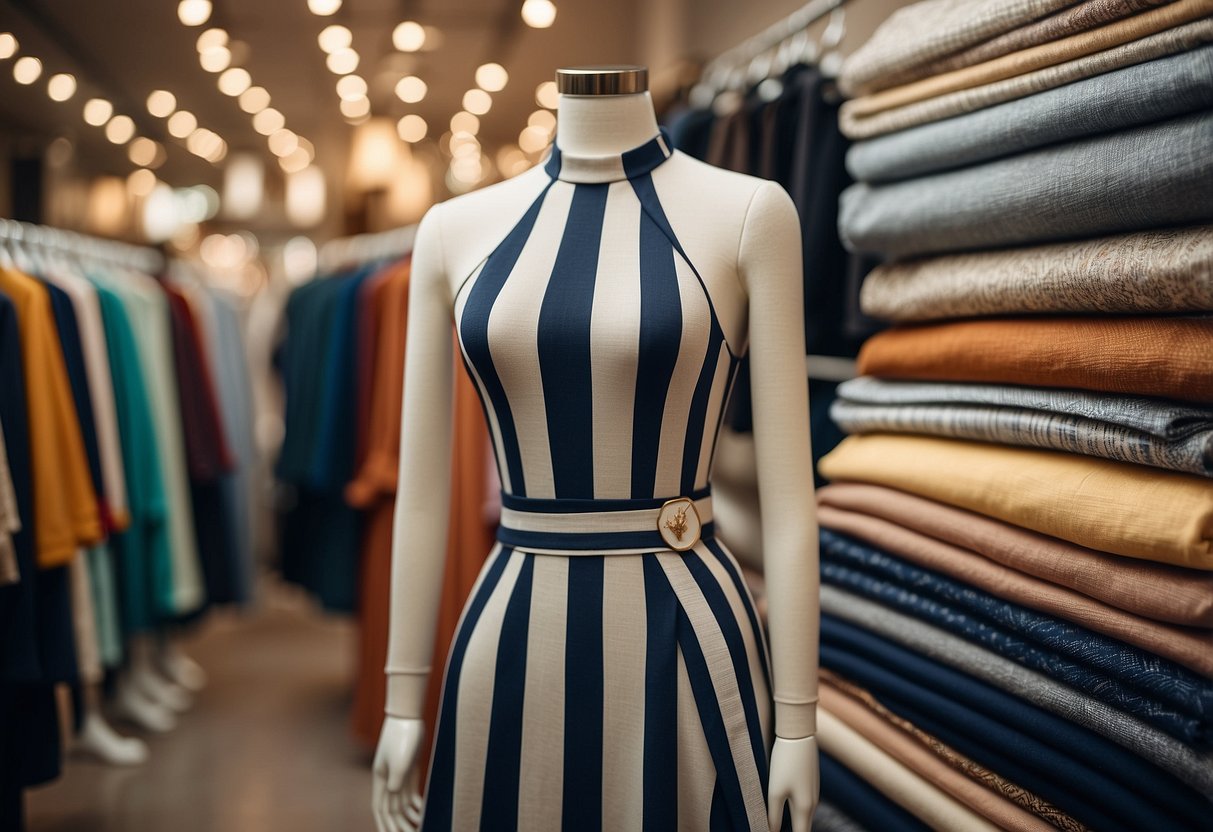 A mannequin dressed in a stylish outfit with vertical stripes, surrounded by various pattern samples and fabric swatches