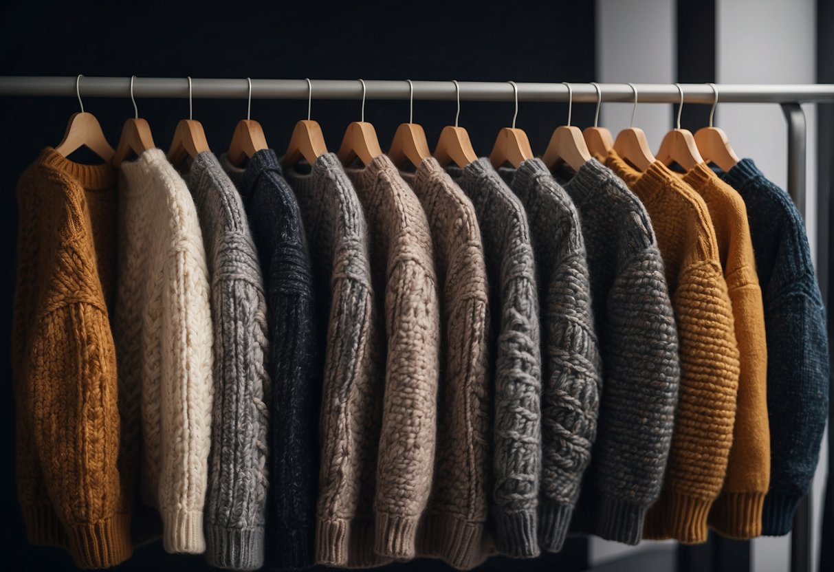 A cozy display of 7 chunky knit sweaters in various patterns for men's fashion in 2024