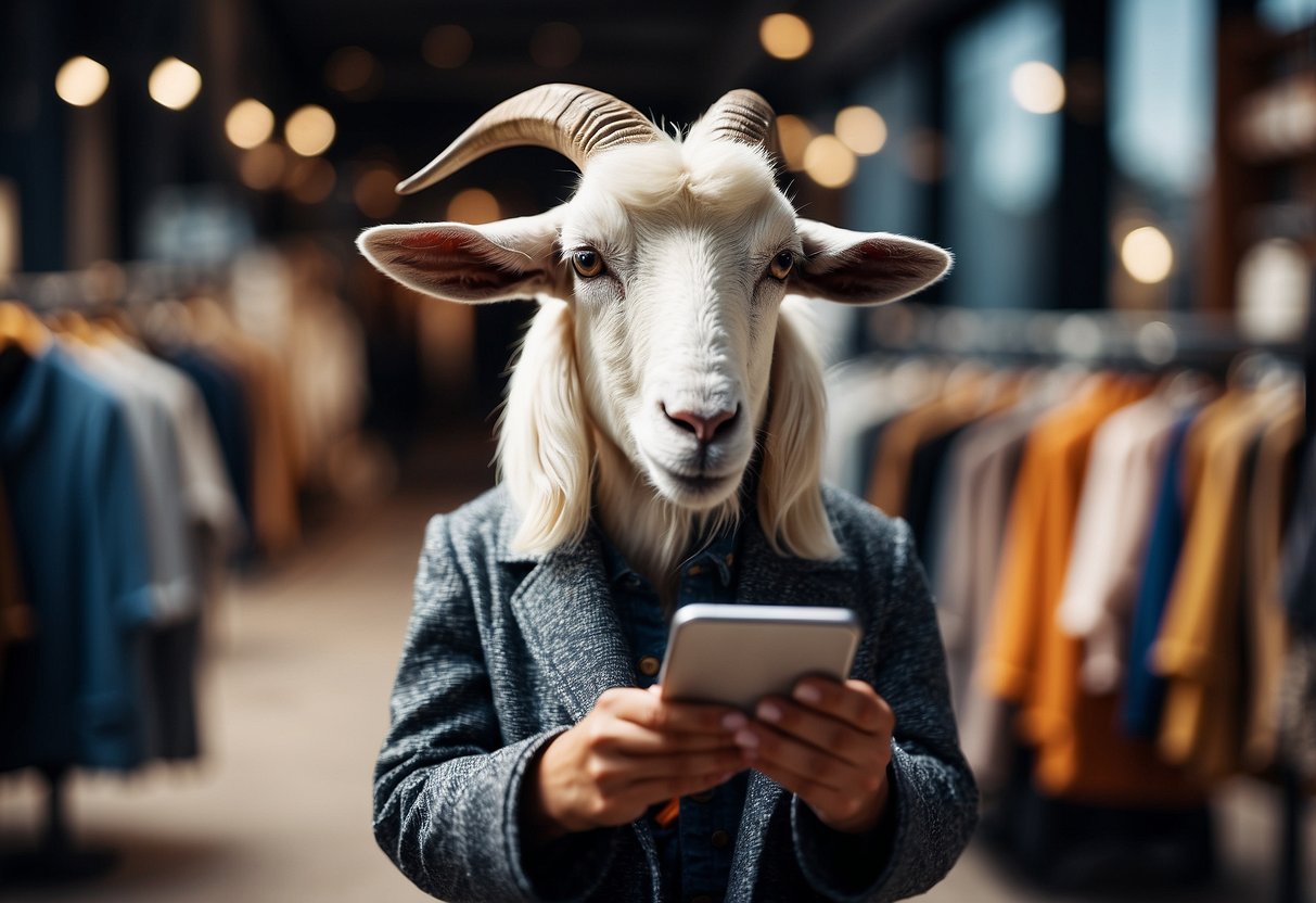 A stylish goat browsing fashion apps on a smartphone surrounded by trendy clothing and accessories