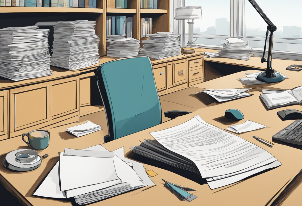 An empty desk with scattered papers and a chair pushed back, suggesting a sudden disappearance