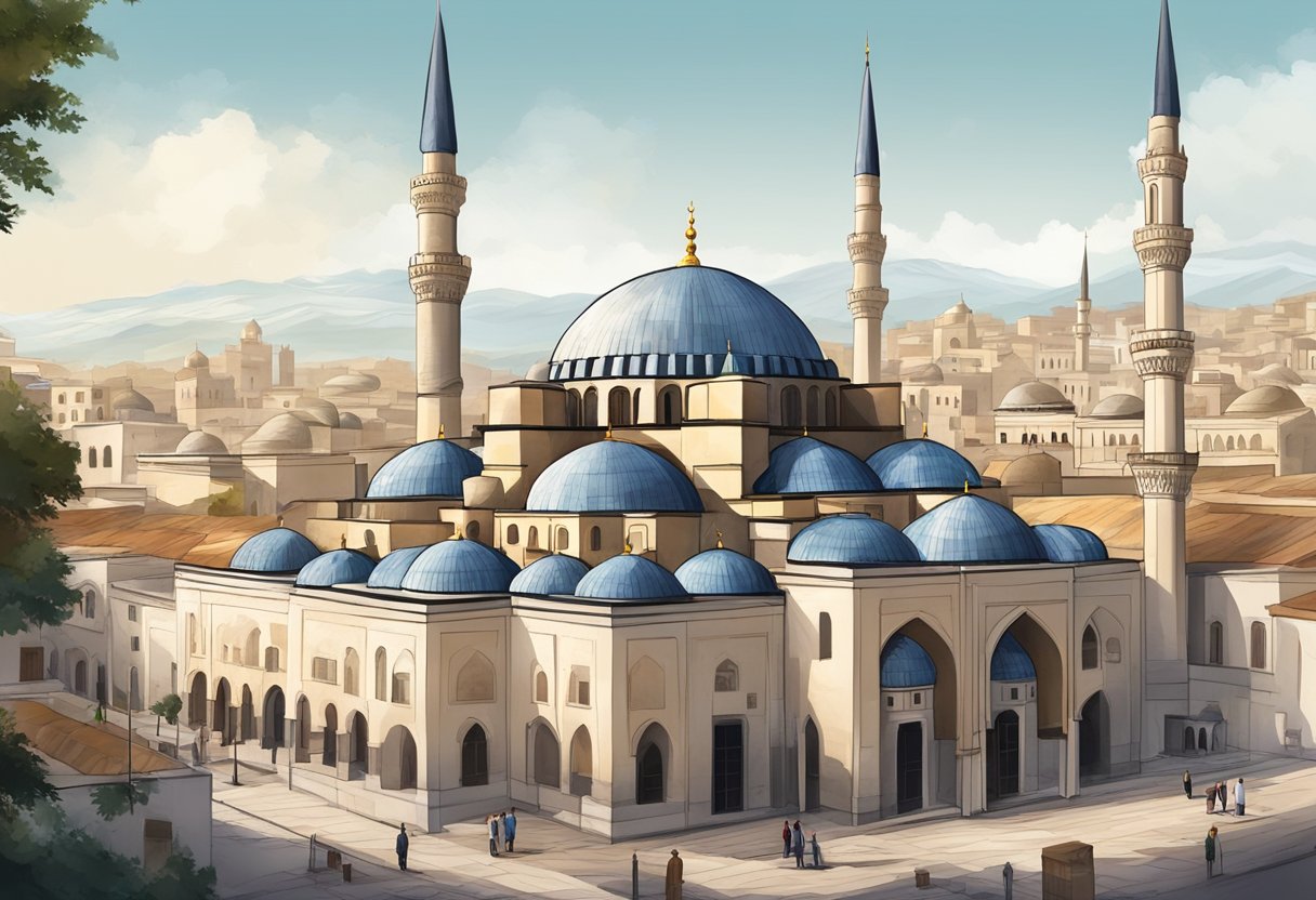 A Turkish mosque with a minaret, surrounded by traditional buildings, as the call to prayer echoes through the streets