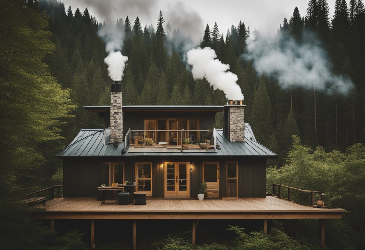 A serene forest with cozy cabins nestled among tall trees, smoke rising from chimneys, a maintenance worker repairing a wooden deck