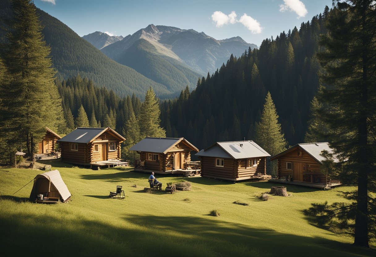 A serene mountain landscape with cabins undergoing maintenance and repair. Trees, tools, and workers in the background