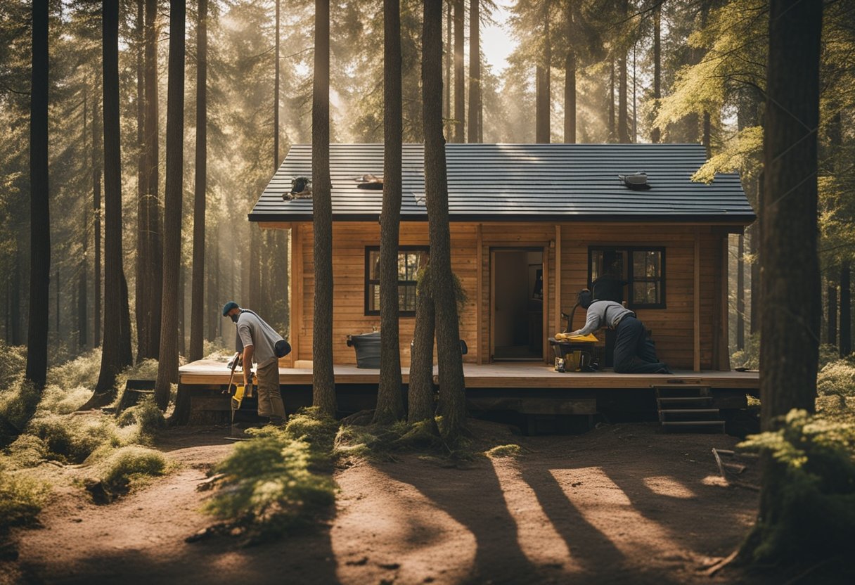 A cabin surrounded by trees, with workers replacing windows