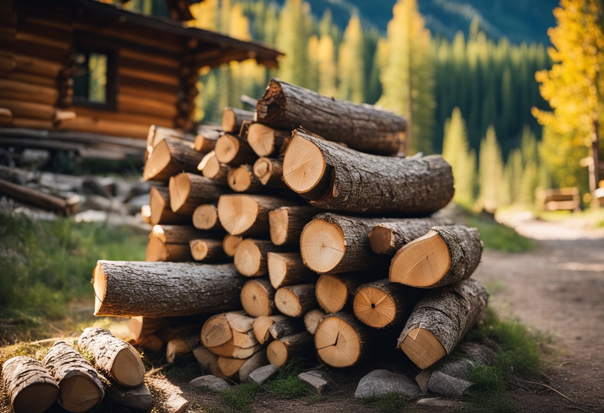 Stacked firewood near rustic cabins, surrounded by trees and mountains. Maintenance tools and equipment scattered around