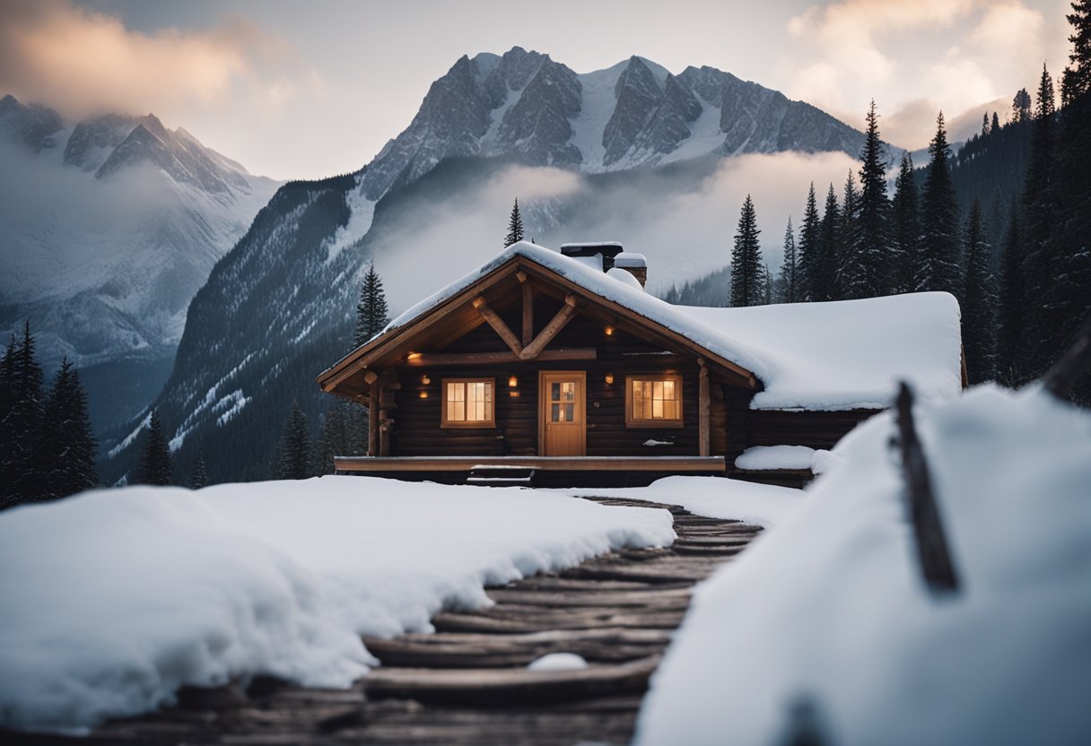 A cozy cabin surrounded by snowy mountains, with smoke rising from the chimney and fresh footprints leading to the door