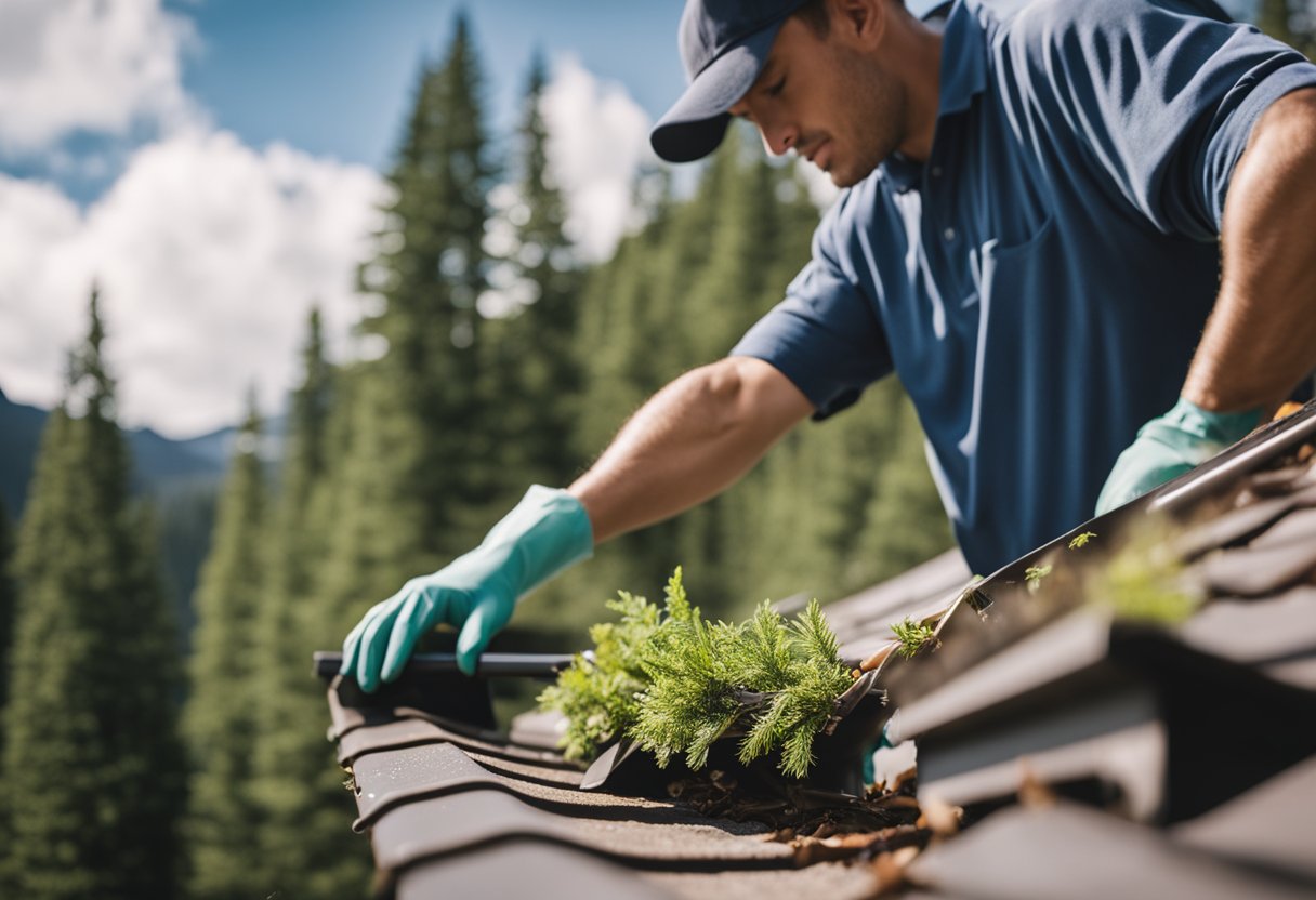 Cleaning and clearing of gutters on a mountain cabin