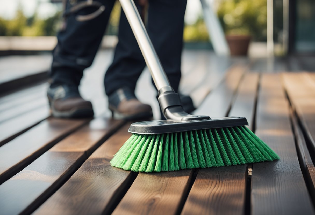 An outdoor terrace being cleaned by a professional cleaning service for a cabin