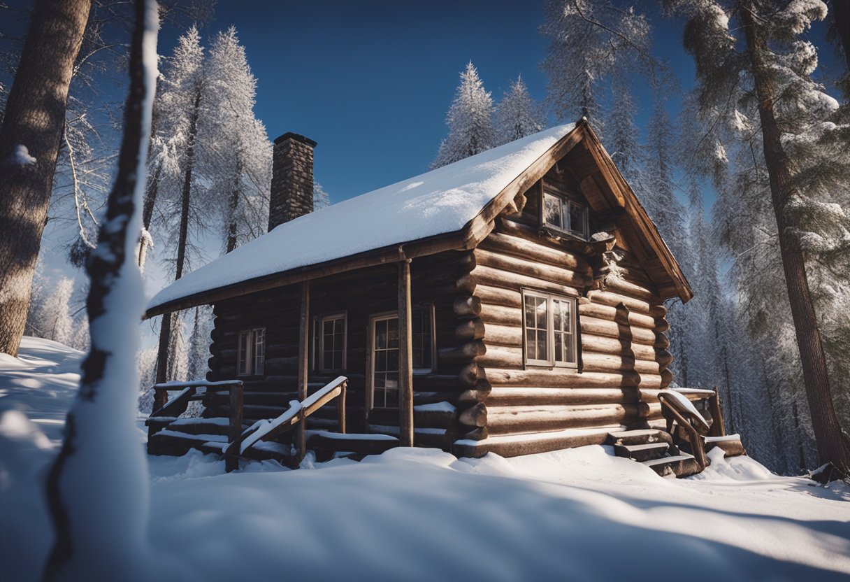 Snow-covered cabin with closed windows. Surrounding trees are bare. Smoke rises from the chimney