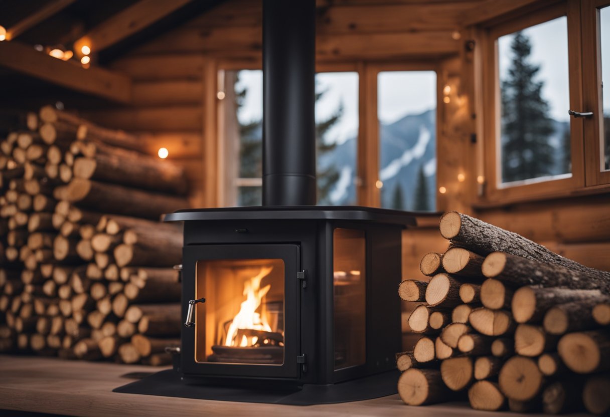 Prepare cabin for winter with ample firewood. Illustrate cozy interior with wood stove, stacked logs, and warm lighting