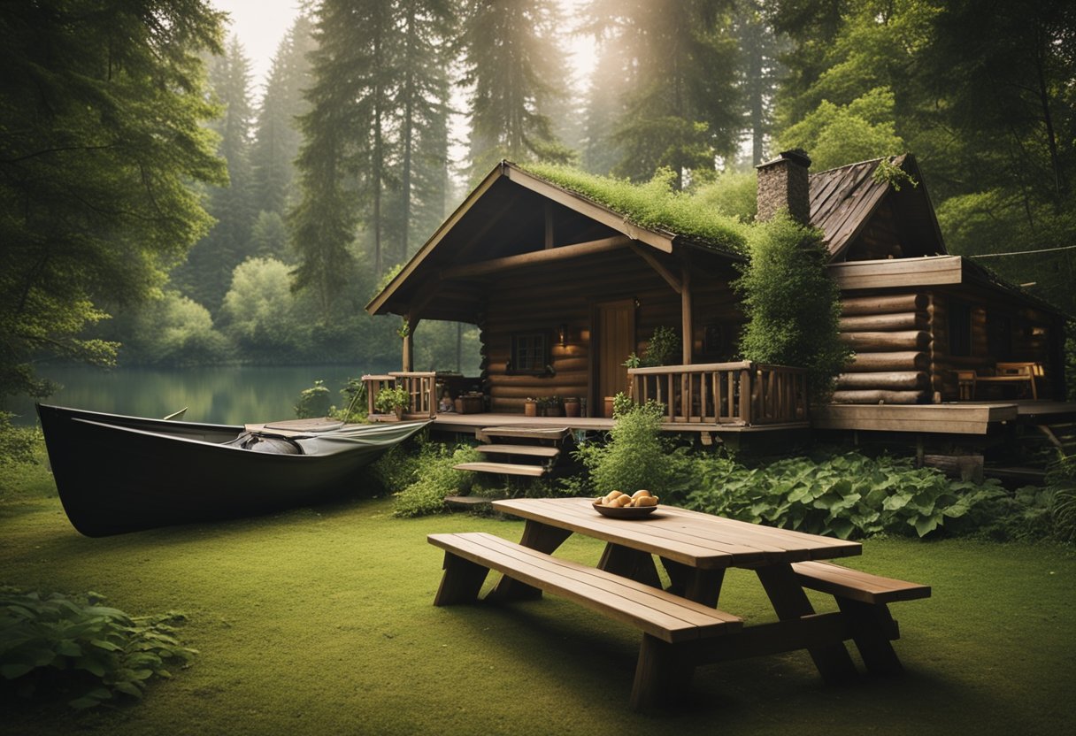 A cozy cabin surrounded by lush greenery, with a stack of firewood and a hammock hanging between two trees. A picnic table is set for a meal, and a rowboat sits by the water's edge