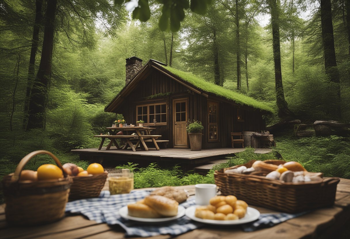 A rustic cabin surrounded by lush greenery, with a picnic basket and hiking gear laid out on a wooden table