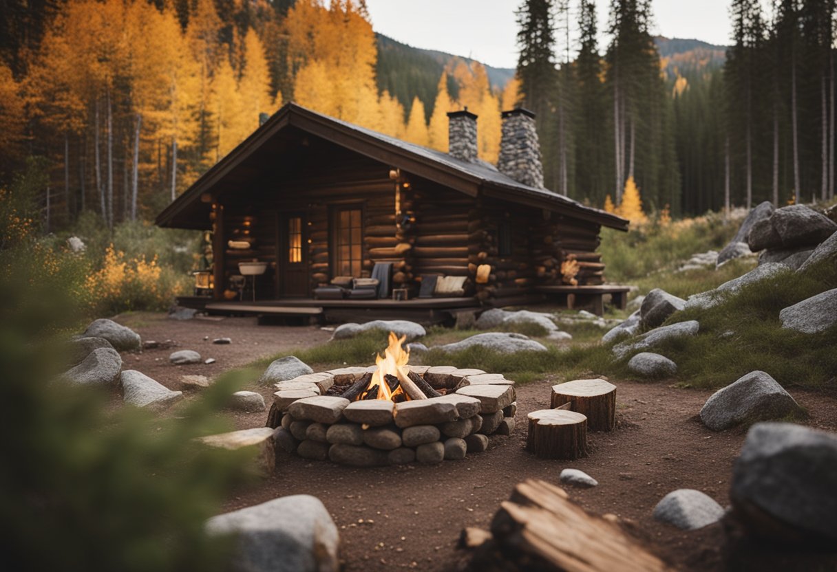 A campfire pit surrounded by logs and rocks, with a rustic cabin in the background. Summer foliage and preparations for the cabin are visible