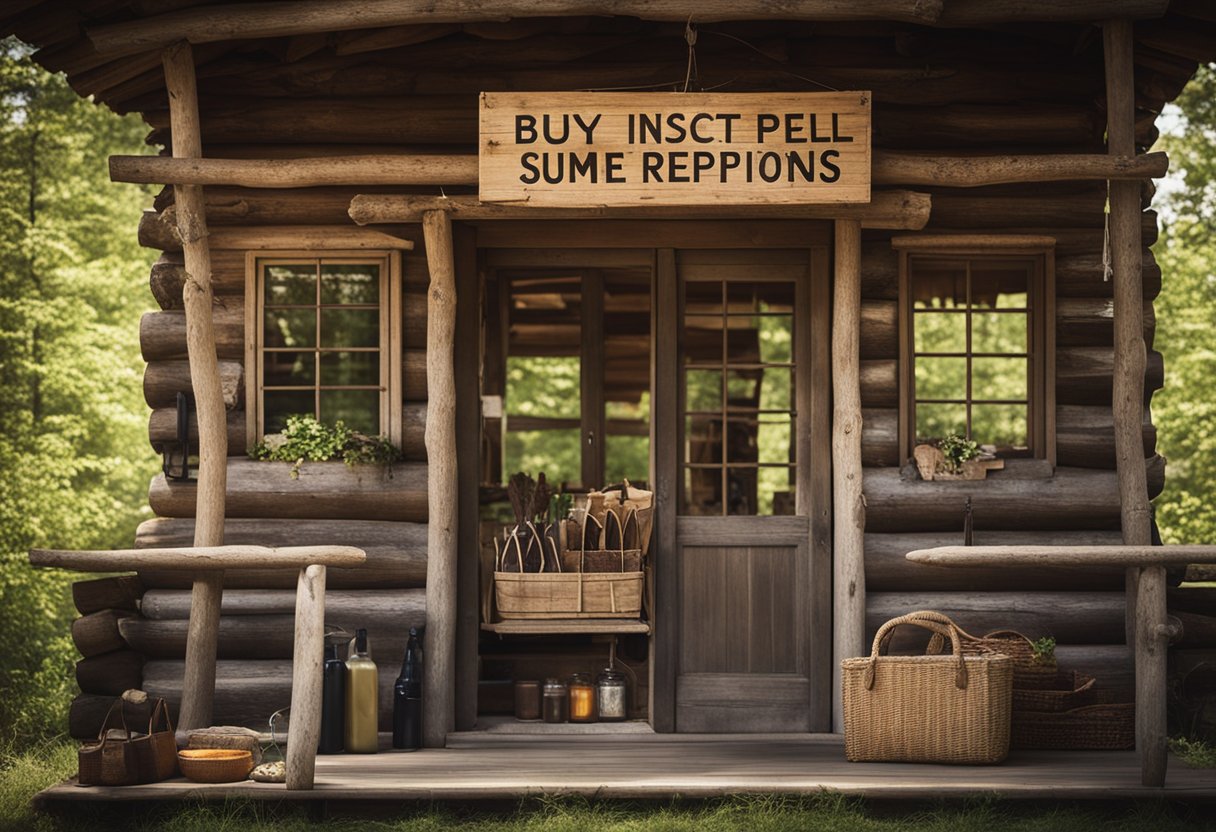 A rustic cabin with a sign "Buy insect repellent for summer preparations" displayed outside