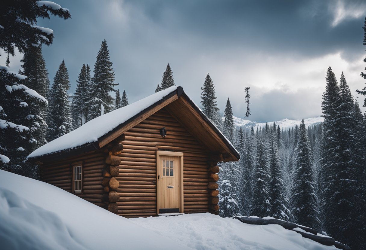 A cabin nestled in the snowy mountains, surrounded by tall pine trees. A sturdy lock secures the door, while a security camera watches over the property