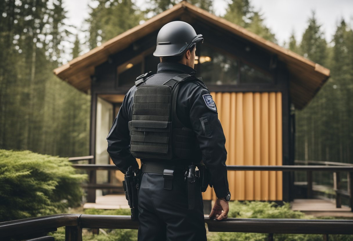 A professional guard watches over a cabin, ensuring its security and safety