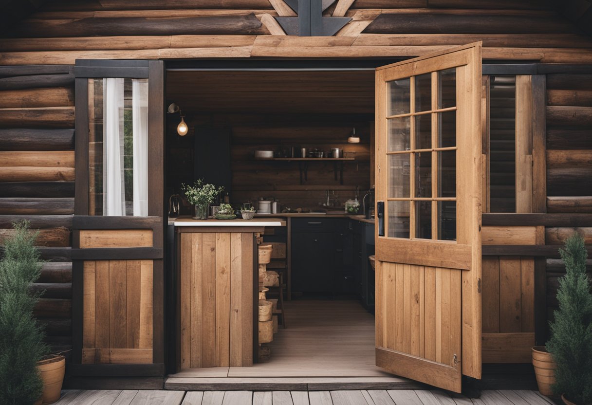 A rustic cabin with open doors and windows, showcasing handiwork services for repairs and improvements