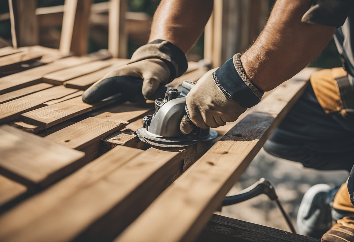 A carpenter repairing a cabin roof, using tools and materials for improvements