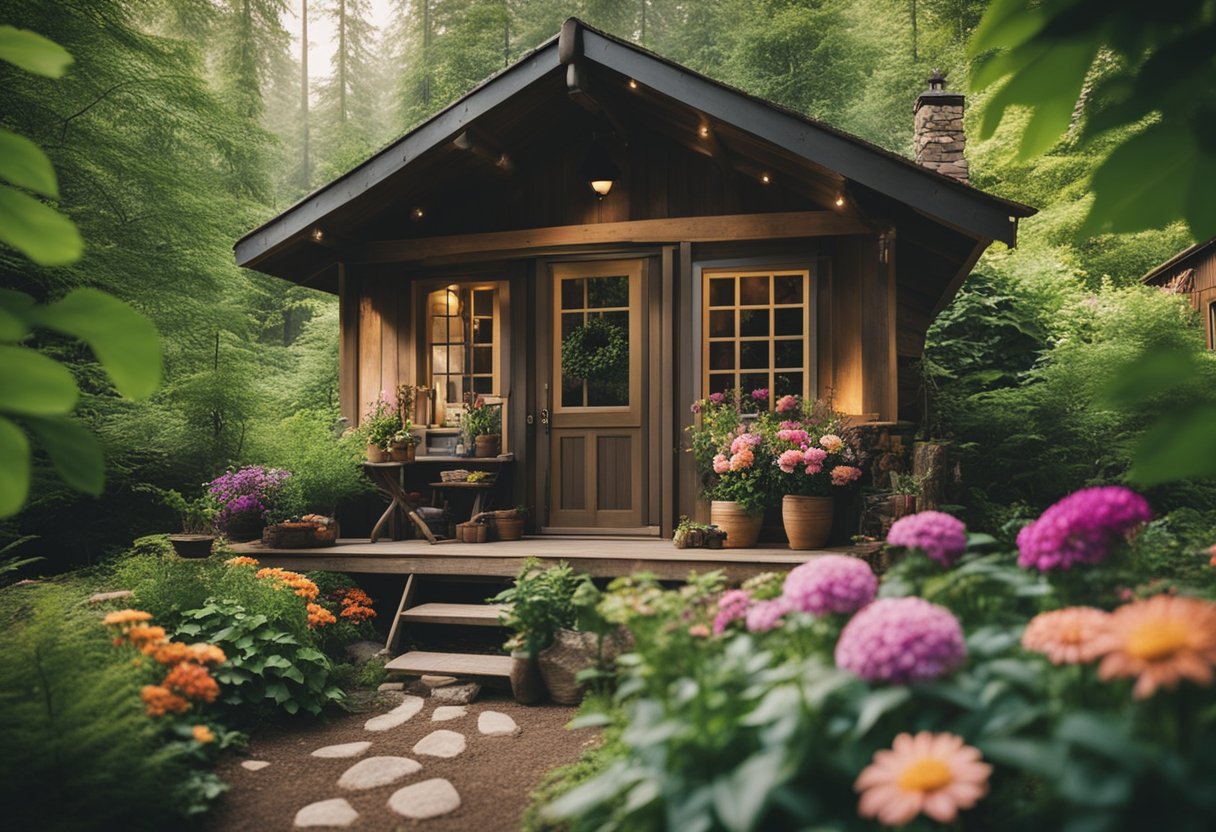 A cozy cabin surrounded by lush greenery and colorful flowers, with a woodpile and gardening tools nearby