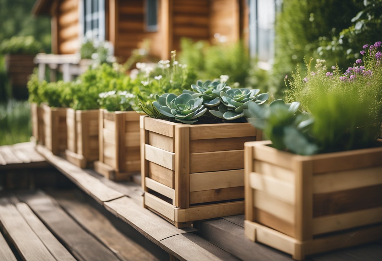 A row of wooden planters in a garden setting at a cabin, surrounded by gardening tools and outdoor decor