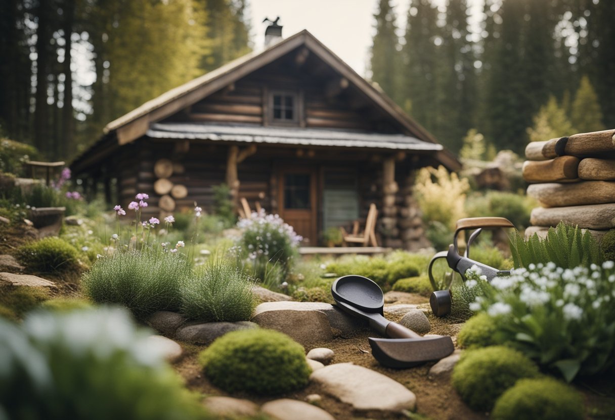 A rustic stone garden with outdoor work tools and a cozy cabin in the background