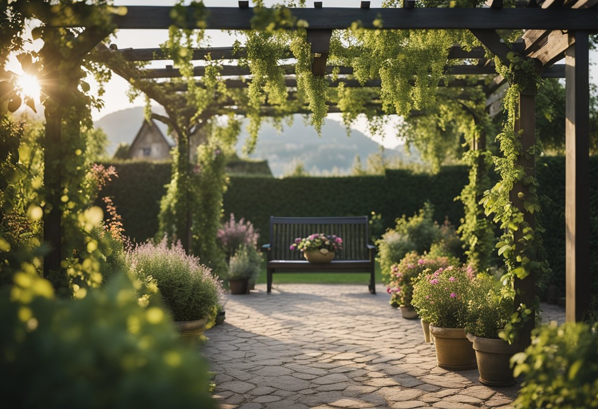 A pergola with climbing plants in a garden setting at a cottage