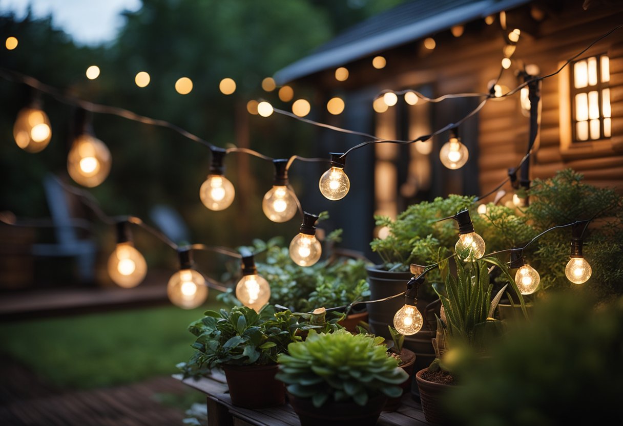 Outdoor string lights illuminate a cozy cabin garden, with tools and potted plants creating a serene outdoor environment