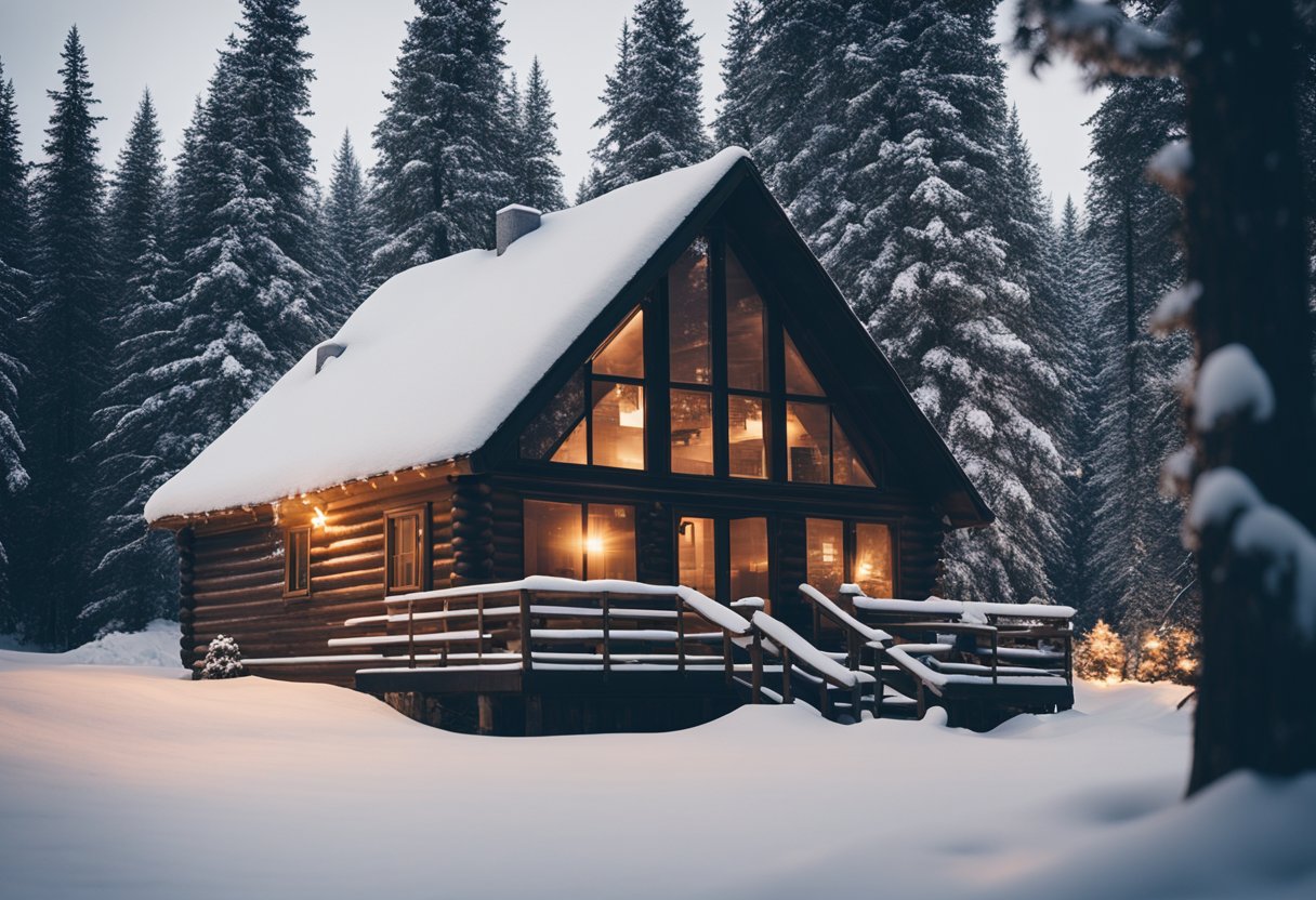 A cozy cabin with a warm glow emanating from the windows, surrounded by tall pine trees and a blanket of snow