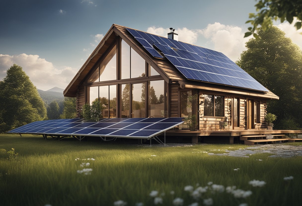 A cabin with solar panels on the roof, connected to electrical services