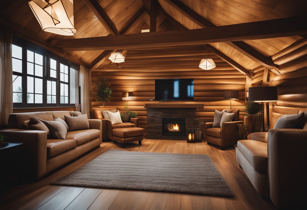 A cozy cabin interior with LED light fixtures installed by electricians