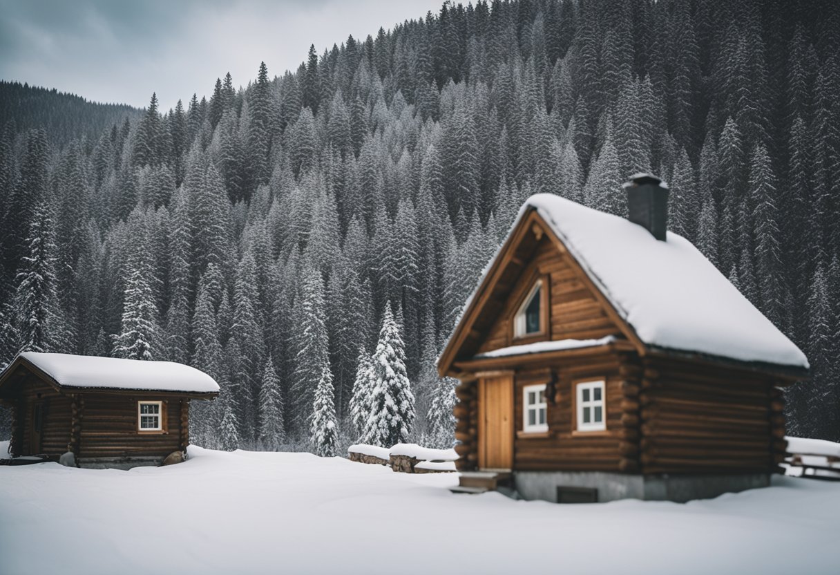 A cozy cabin with a wood stove, surrounded by snowy mountains and pine trees. A sign reads "Termostater Elektriske Tjenester for Hytta" on the front of the cabin